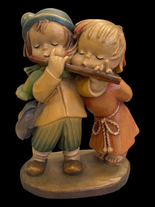 Anri Boy and Girl Playing Flute Wood Carved Figure.