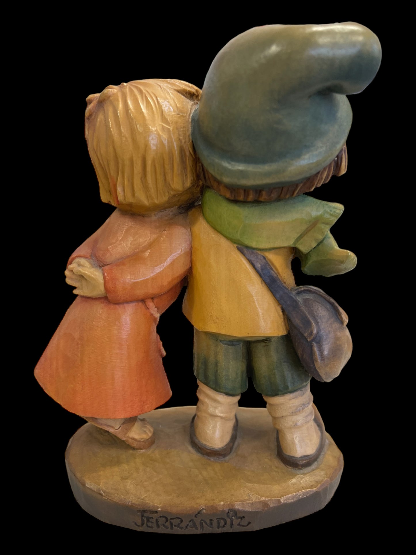 Anri Boy and Girl Playing Flute Wood Carved Figure.