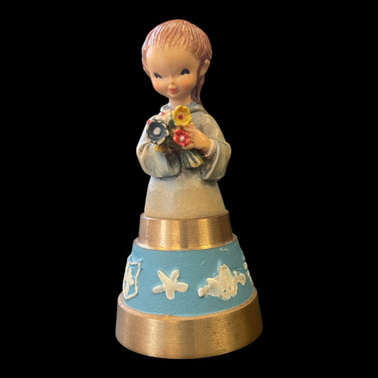 Anri Wood and Brass Bell Girl with a Bouquet
