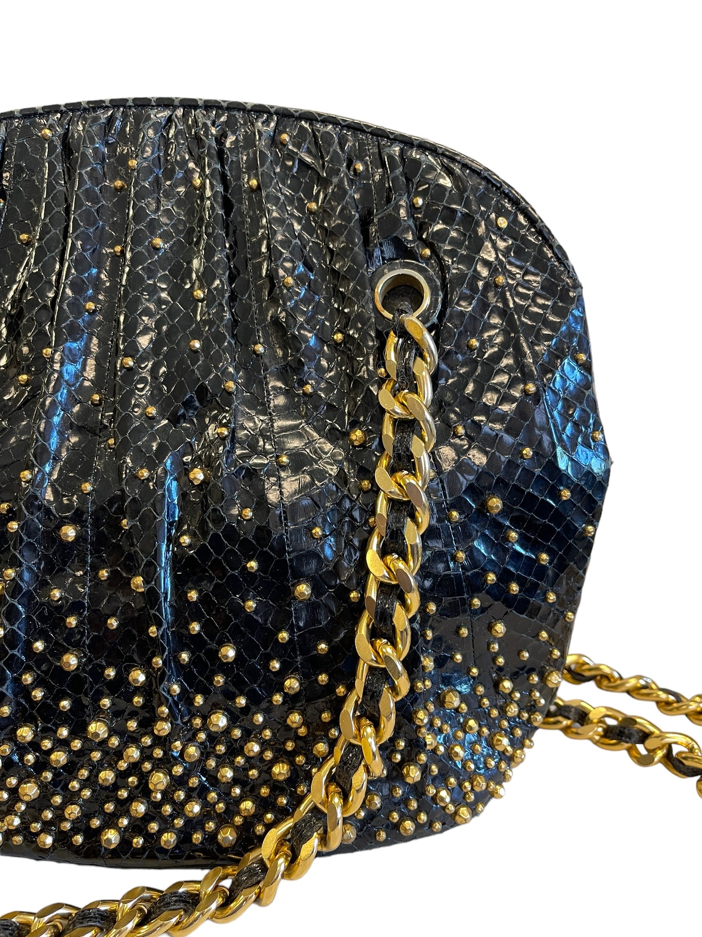 Judith Leiber Gold Studded Snake Skin Chain Bag