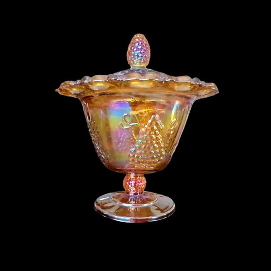 Marigold Carnival Glass Covered Candy Dish